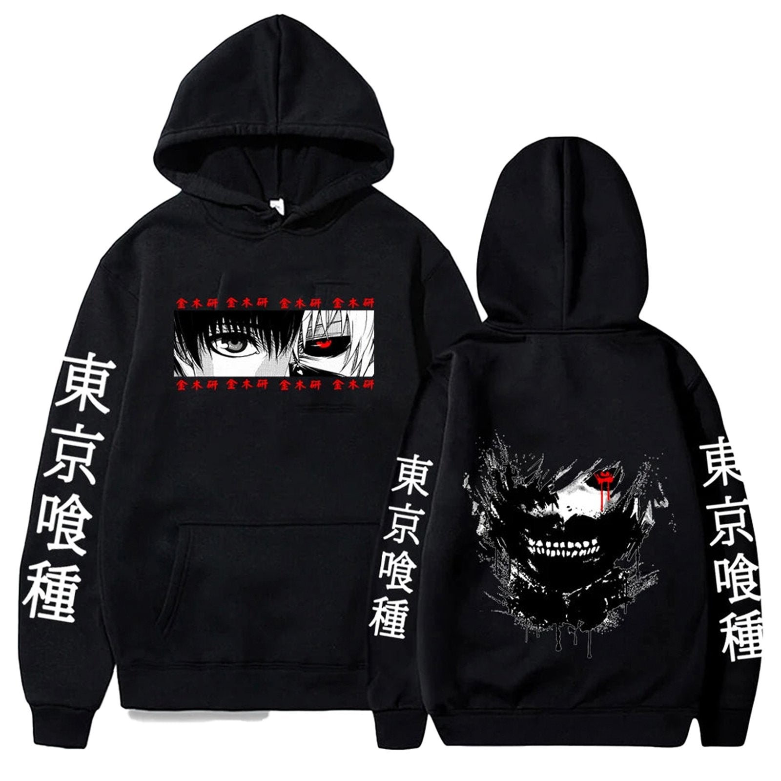 Black anime hoodie for men featuring graphic designs on front and back with Japanese text