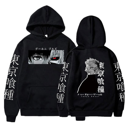 Stylish black anime hoodie for men featuring unique graphic designs on front and sleeves