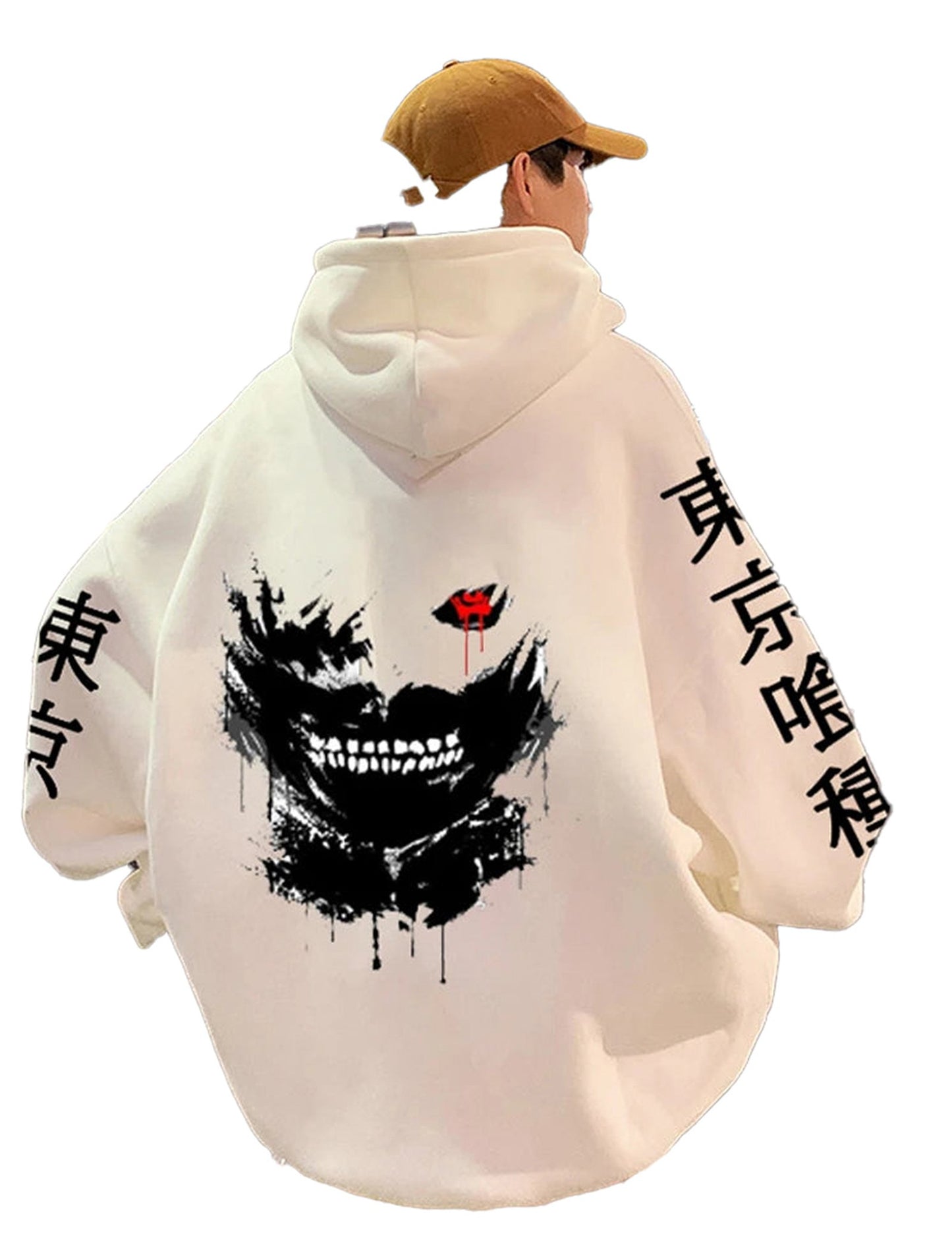 Anime hoodie for men in white with graphic design and oversized silhouette by LuckeLadybug LLC