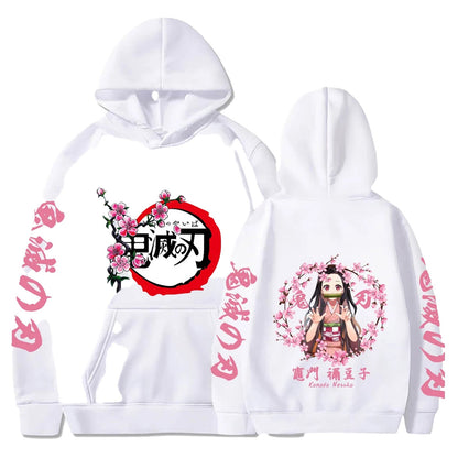 White anime hoodie for men featuring cherry blossom designs and character graphics on both sides