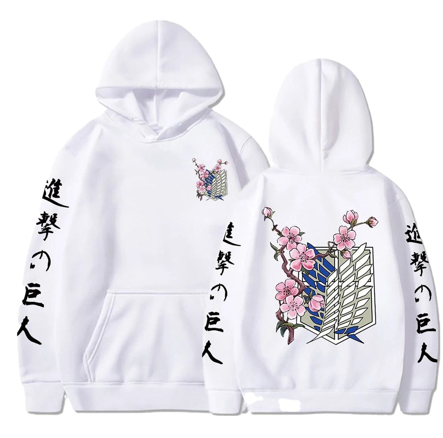 White anime hoodie for men featuring floral designs and unique graphic prints on sleeves