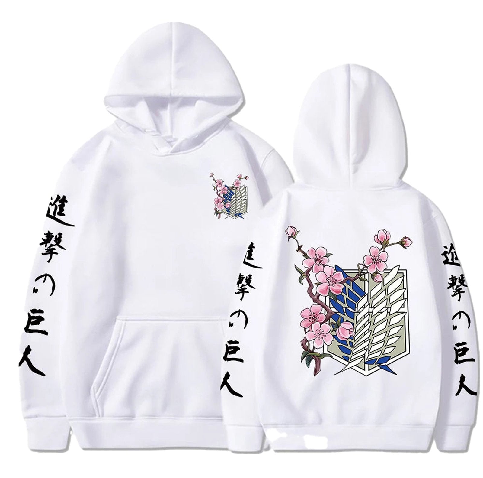 White anime hoodie for men featuring a floral design and Japanese text on the sleeves