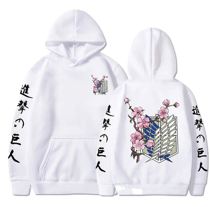 White anime hoodie for men featuring a floral design and Japanese text on the sleeves
