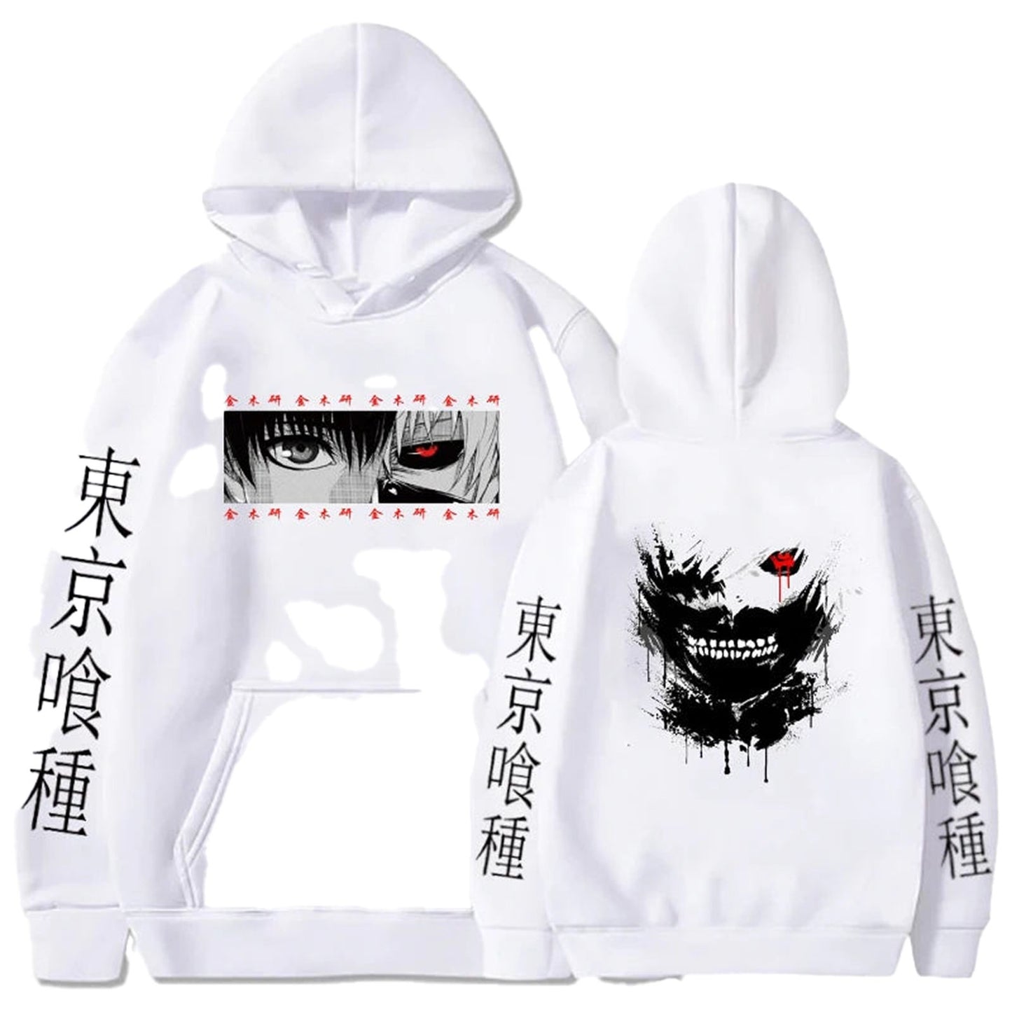 LuckeLadybug LLC Anime hoodie for men featuring graphic prints on front and back with Japanese text