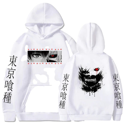 LuckeLadybug LLC Anime hoodie for men featuring graphic prints on front and back with Japanese text