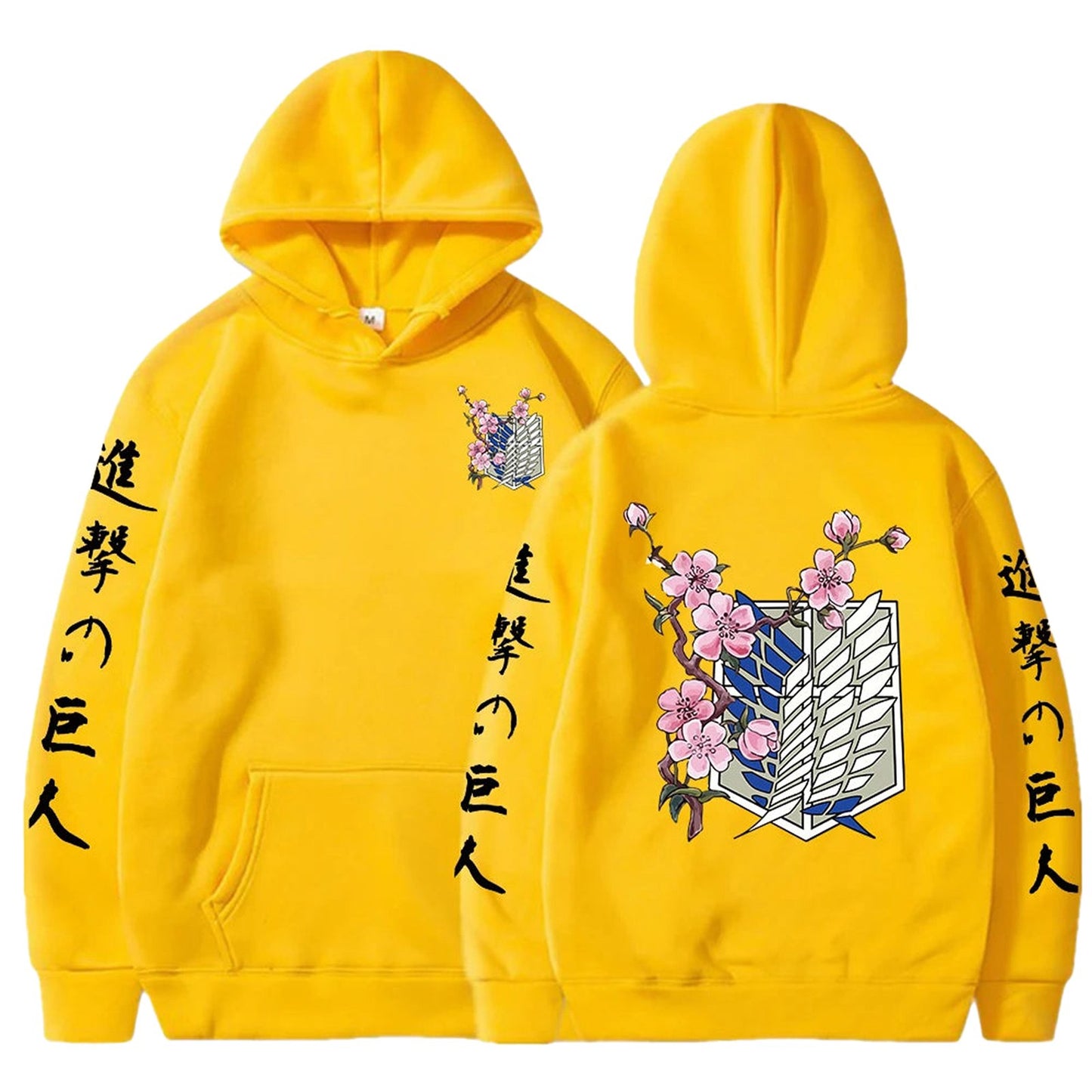 Yellow anime hoodie for men featuring floral design and bold graphics on sleeves