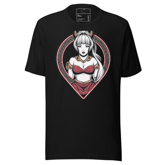 Black LuckeLadybug anime style samurai shirt featuring a female samurai character with white hair and red armor