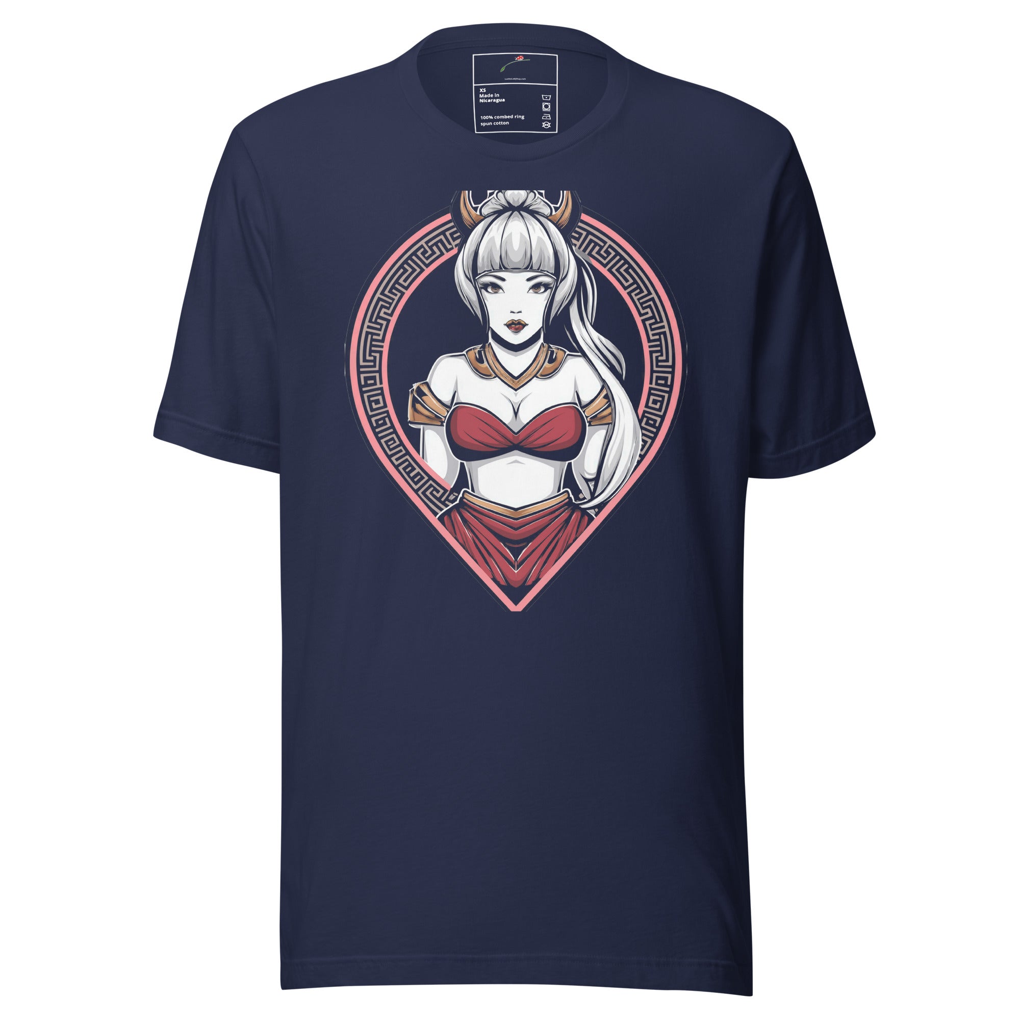 Navy blue anime style samurai shirt featuring a female samurai character with white hair and red armor