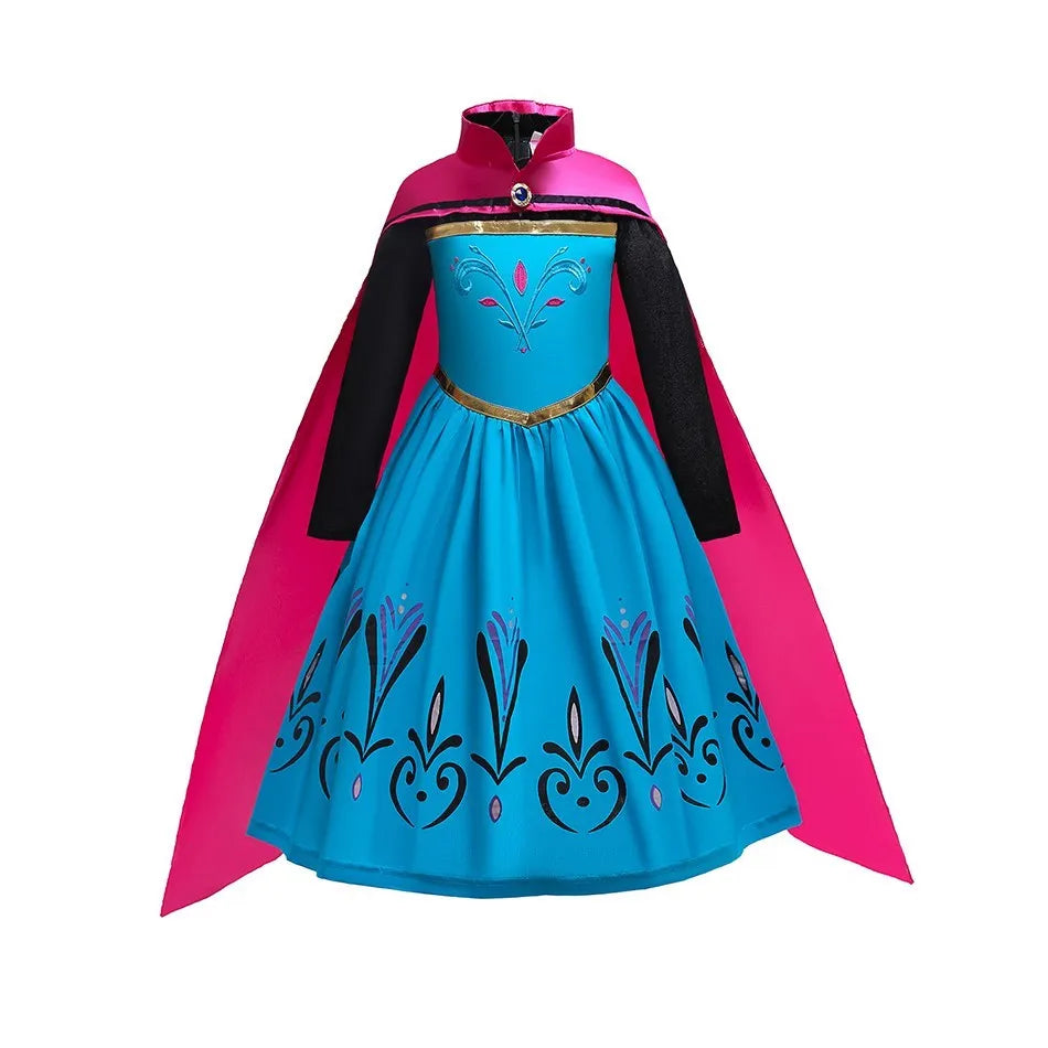 LuckeLadybug LLC Anna Elsa princess dress for girls with blue and pink design and a stylish cape