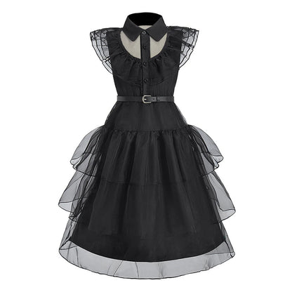 Elegant black Anna Elsa princess dress for girls with layered tulle and belt for a classic look