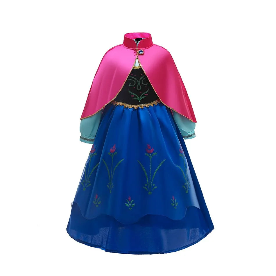 LuckeLadybug LLC Anna Elsa princess dress for girls with a colorful cape and floral designs
