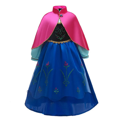 LuckeLadybug LLC Anna Elsa princess dress for girls with a vibrant blue skirt and pink cape detail