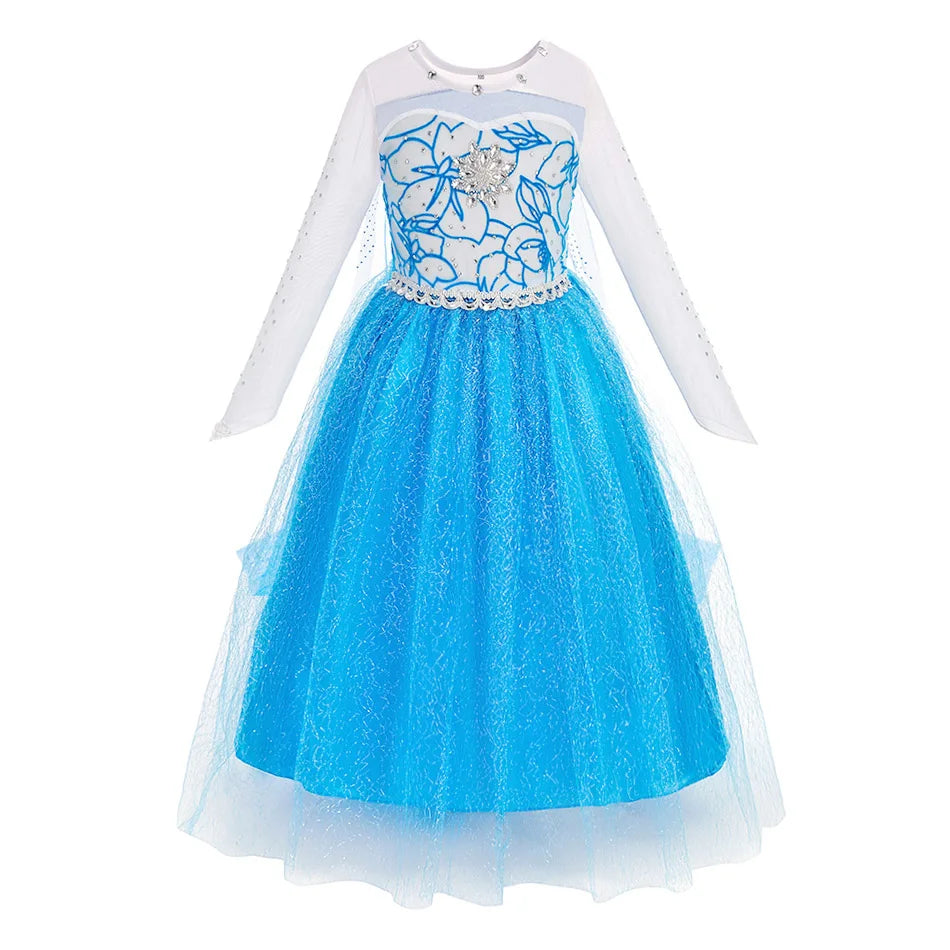 Anna Elsa princess dress for girls with blue tulle skirt and floral design on the bodice