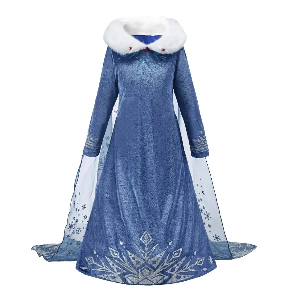 LuckeLadybug LLC Anna Elsa princess dress for girls with a sparkling blue design and fur collar