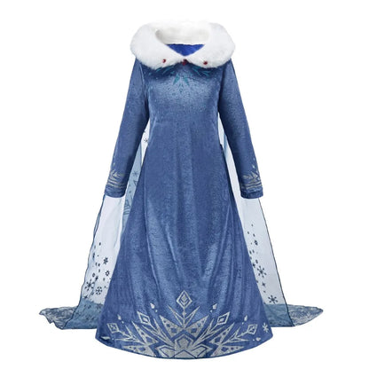 LuckeLadybug LLC Anna Elsa princess dress for girls with a sparkling blue design and fur collar