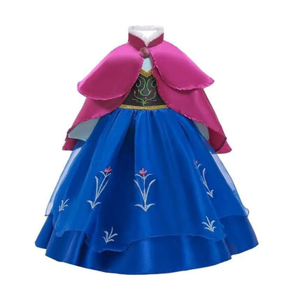 Anna Elsa princess dress for girls in blue with floral designs and a pink cape for dress-up fun