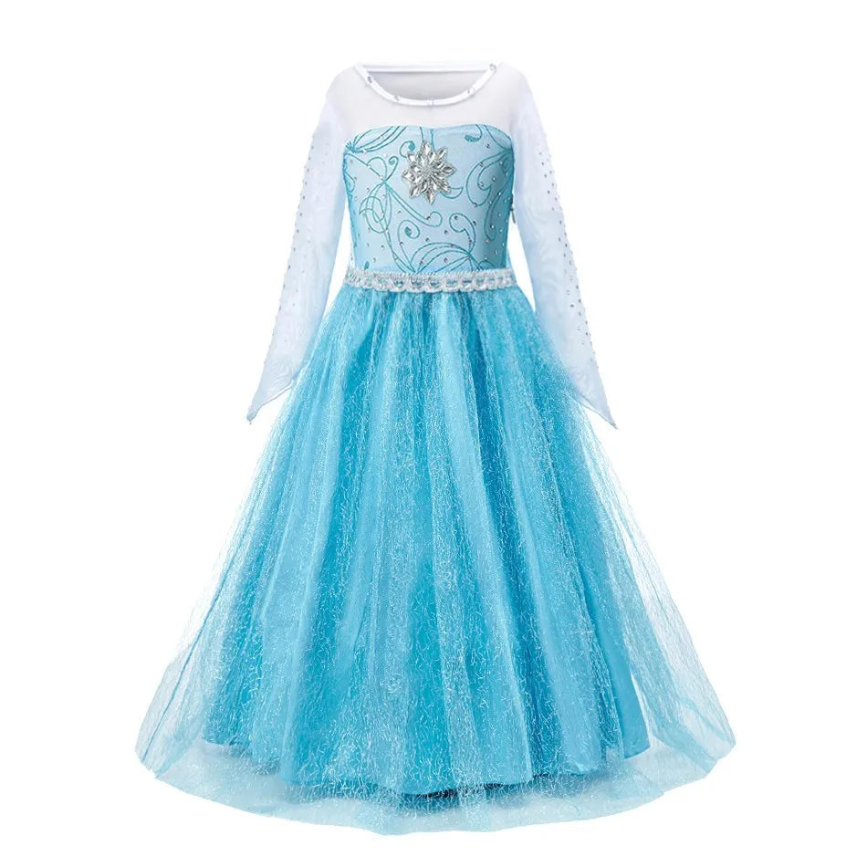 Sparkling Anna Elsa princess dress for girls with blue tulle skirt and elegant sleeves