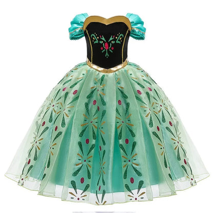 LuckeLadybug LLC Anna Elsa princess dress for girls with sparkling floral details and a layered tulle skirt