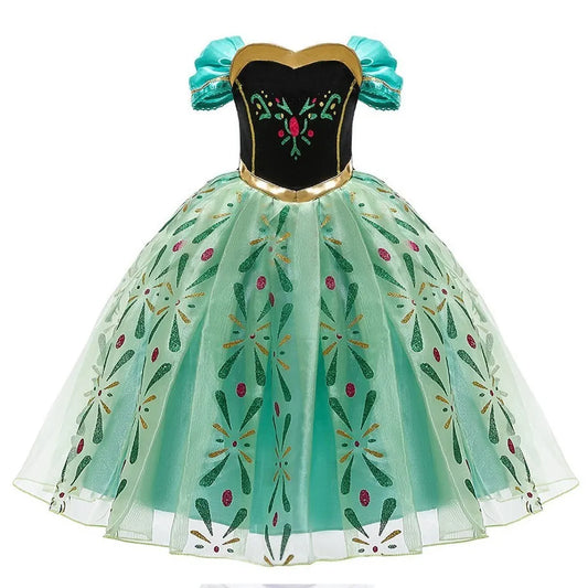 LuckeLadybug LLC Anna Elsa princess dress for girls with sparkling floral details and a layered tulle skirt
