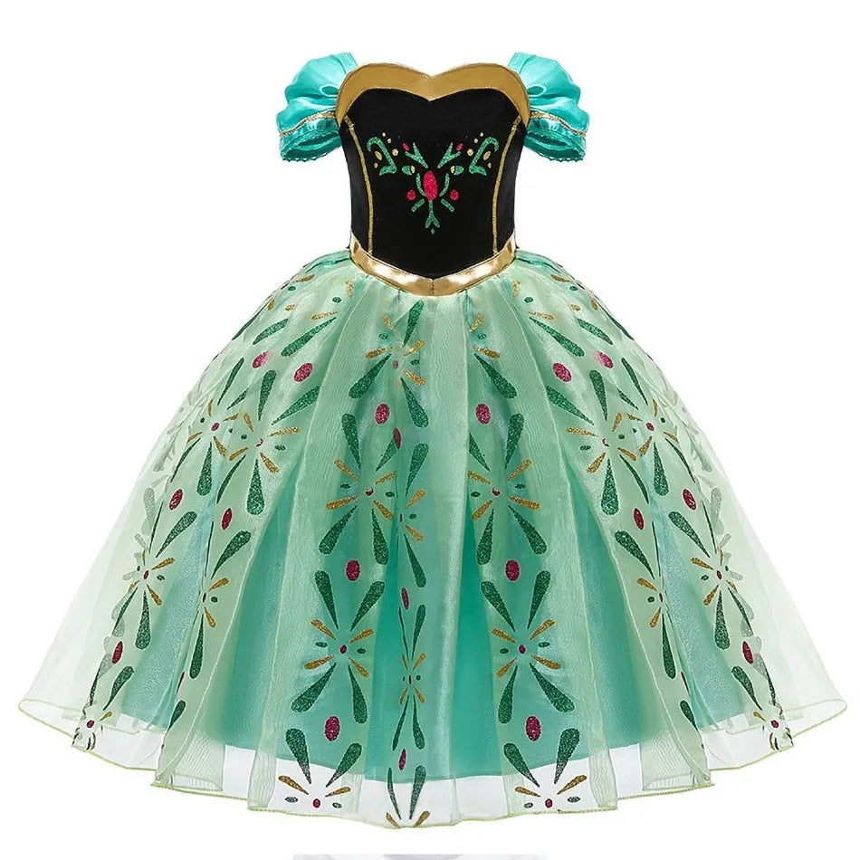 Anna Elsa princess dress for girls featuring colorful floral designs and shimmering tulle skirt