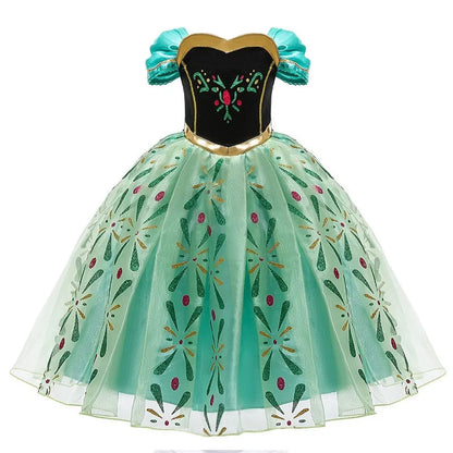 Anna Elsa princess dress for girls featuring colorful floral designs and shimmering tulle skirt