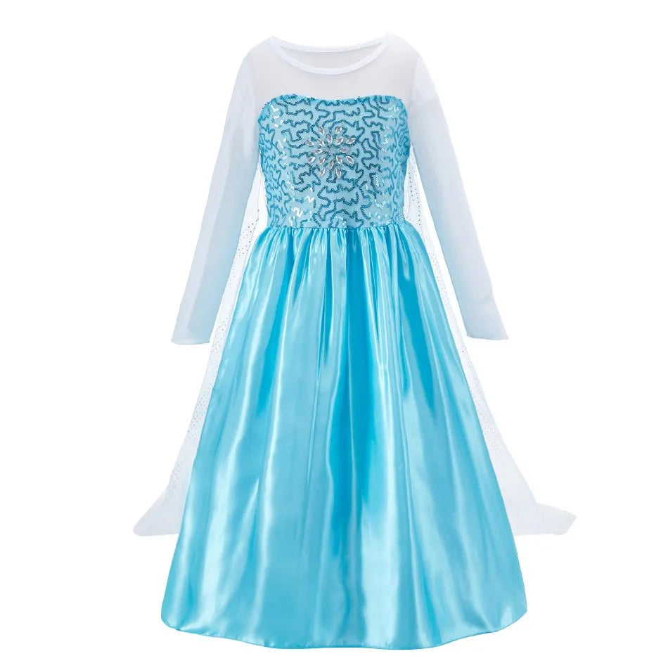 LuckeLadybug LLC Anna Elsa princess dress for girls in blue with long sleeves and flowing skirt