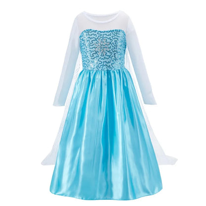LuckeLadybug LLC Anna Elsa princess dress for girls in blue with long sleeves and flowing skirt