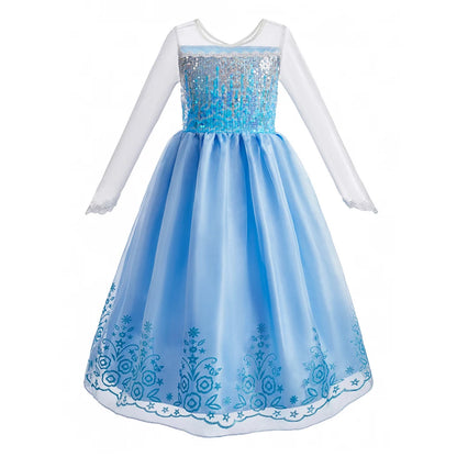 LuckeLadybug LLC Anna Elsa princess dress for girls in light blue with shimmering details and long sleeves