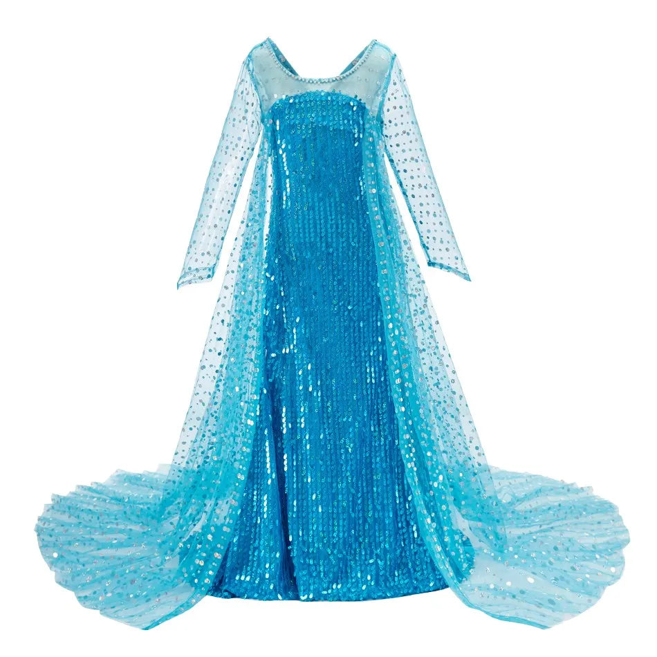 Anna Elsa princess dress for girls featuring sparkling blue fabric and a flowing train