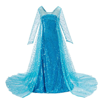 Anna Elsa princess dress for girls featuring sparkling blue fabric and a flowing train