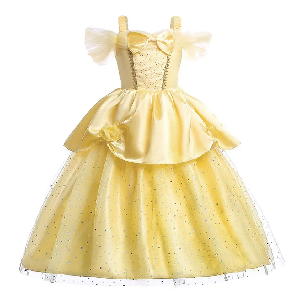 Yellow princess dress for girls with sparkling details, inspired by Anna Elsa princess dress for girls