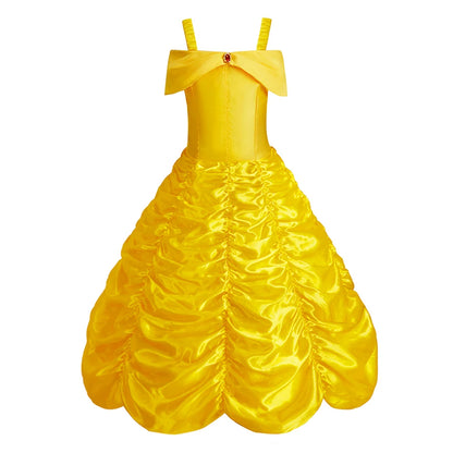 Yellow satin costume dress for girls, perfect as an Anna Elsa princess dress for girls.