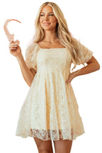 LuckeLadybug apricot sequin lace dress with puff sleeves and floral lace details