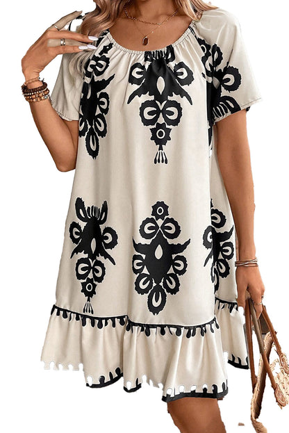LuckeLadybug apricot western print dress with black patterns and ruffled hem for casual style