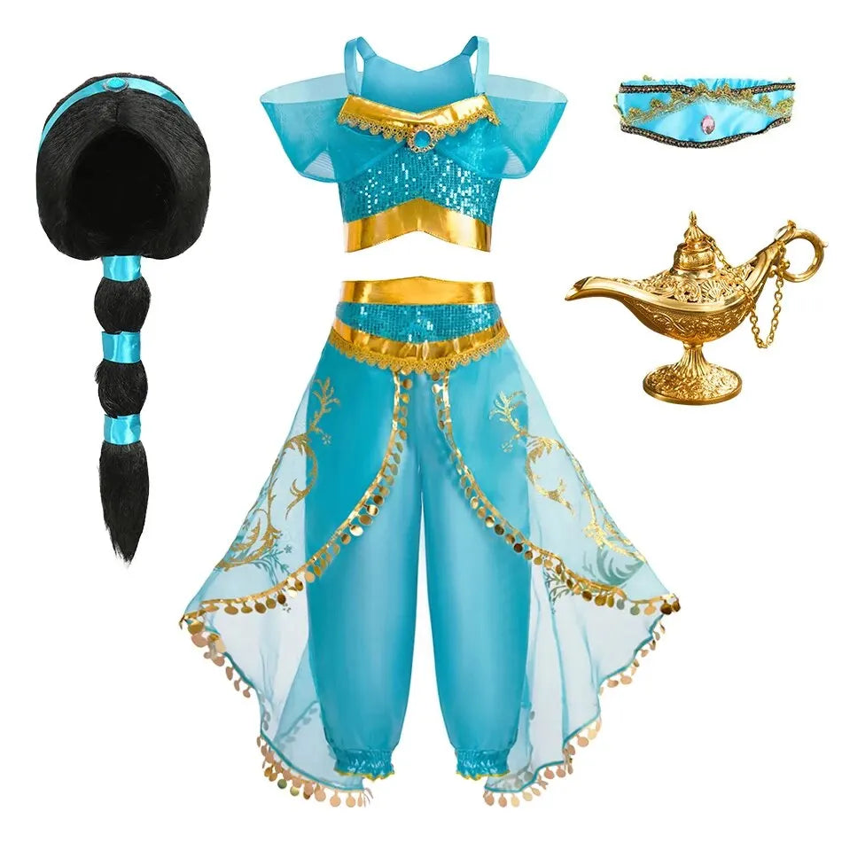 LuckeLadybug LLC Arabian princess costume for girls featuring a blue top, sheer pants, accessories, and a lamp