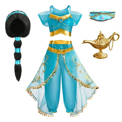LuckeLadybug LLC Arabian princess costume for girls featuring a blue top, sheer pants, accessories, and a lamp