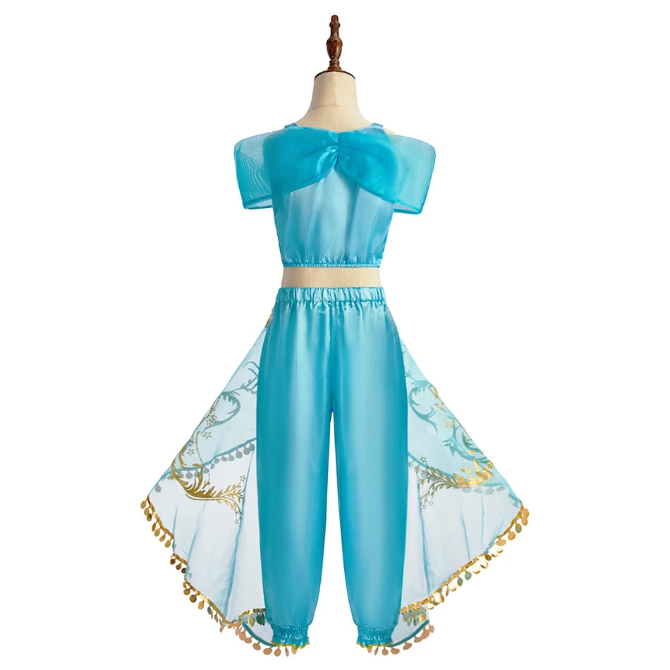 LuckeLadybug LLC Arabian princess costume for girls in blue with decorative gold trim and flowing cape