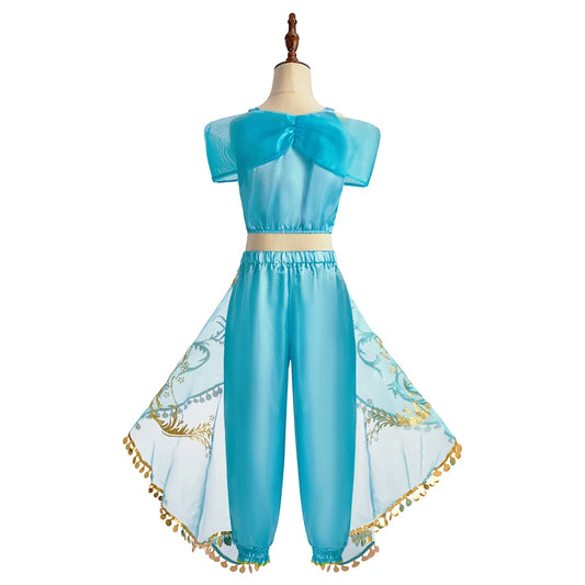 LuckeLadybug LLC Arabian princess costume for girls in blue with decorative gold trim and flowing cape