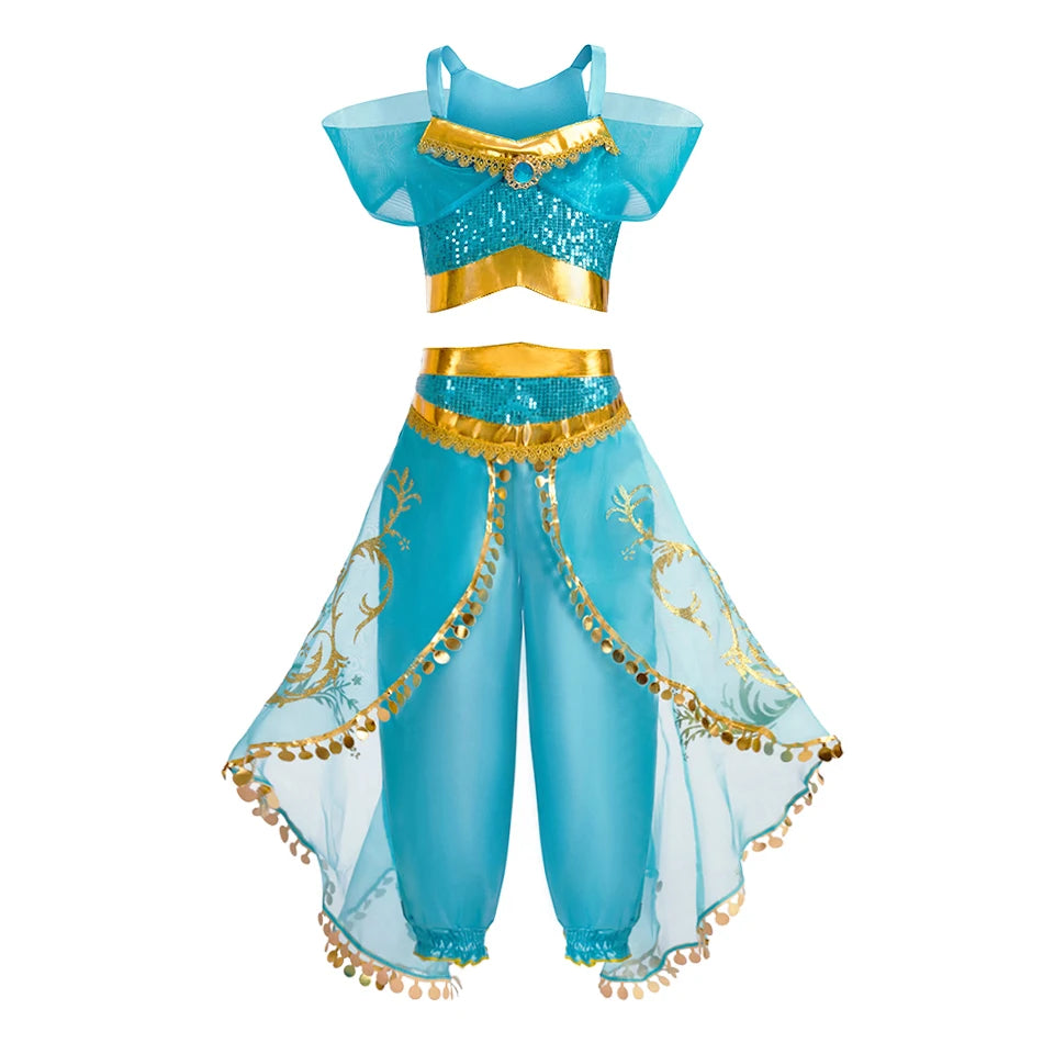Stunning Arabian princess costume for girls in blue with sparkly top and flowing pants