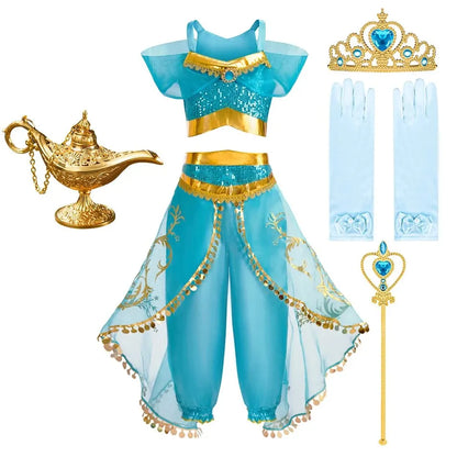LuckeLadybug LLC Arabian princess costume for girls with accessories including a lamp, crown, gloves, and wand