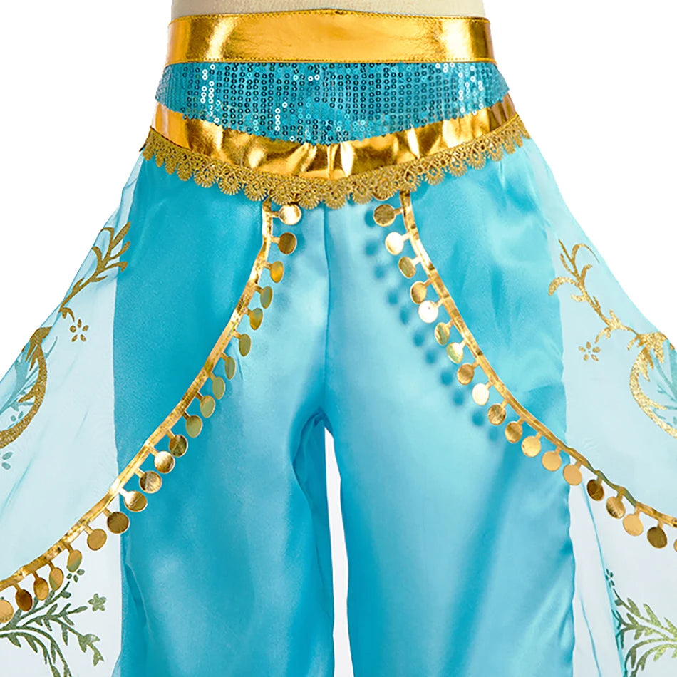 Bright blue Arabian princess costume for girls featuring sequined details and elegant draping