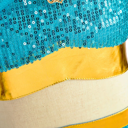 Turquoise sequined top and gold skirt of an Arabian princess costume for girls