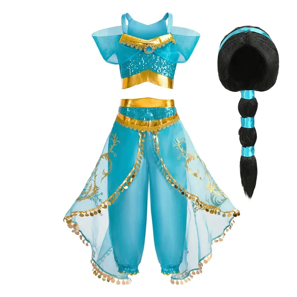 Arabian princess costume for girls featuring a blue top, sheer pants, and matching headpiece