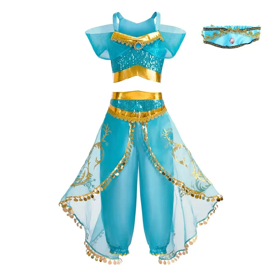 LuckeLadybug LLC Arabian princess costume for girls in blue with sequins and gold accents