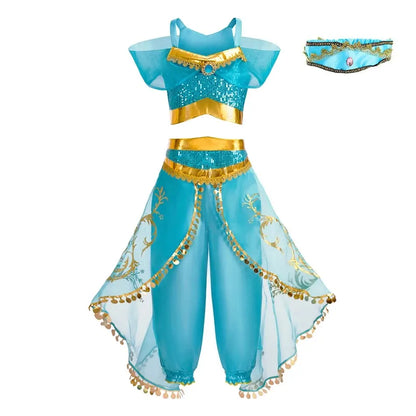 LuckeLadybug LLC Arabian princess costume for girls in blue with sequins and gold accents