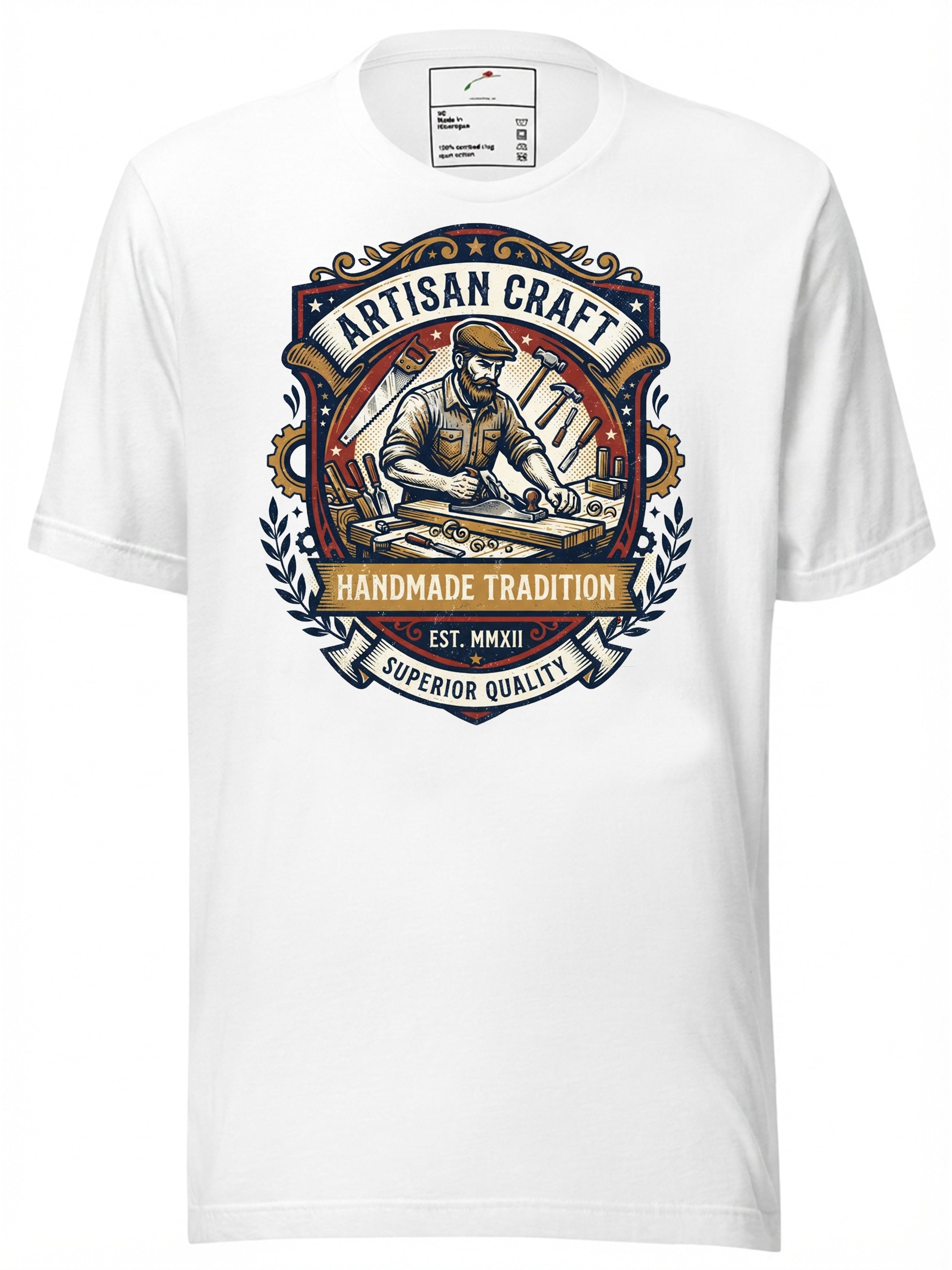 White graphic tee clothing featuring Artisan Craft design with vintage tools and quality badge