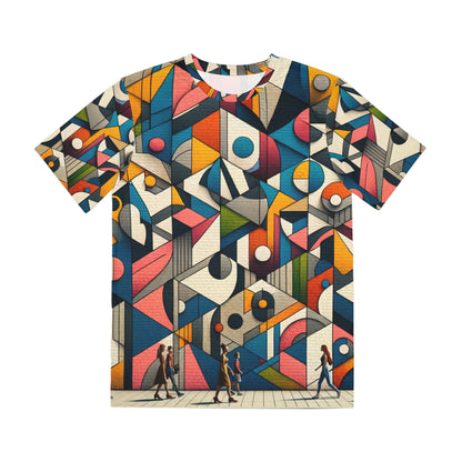 LuckeLadybug artistic abstract graphic t shirt with colorful geometric shapes and cityscape design