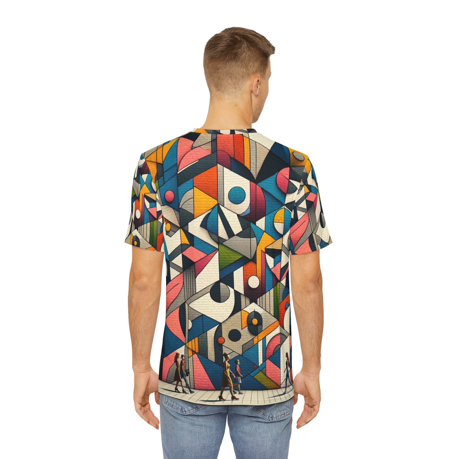 LuckeLadybug artistic abstract graphic t shirt with colorful geometric shapes worn by a man from the back