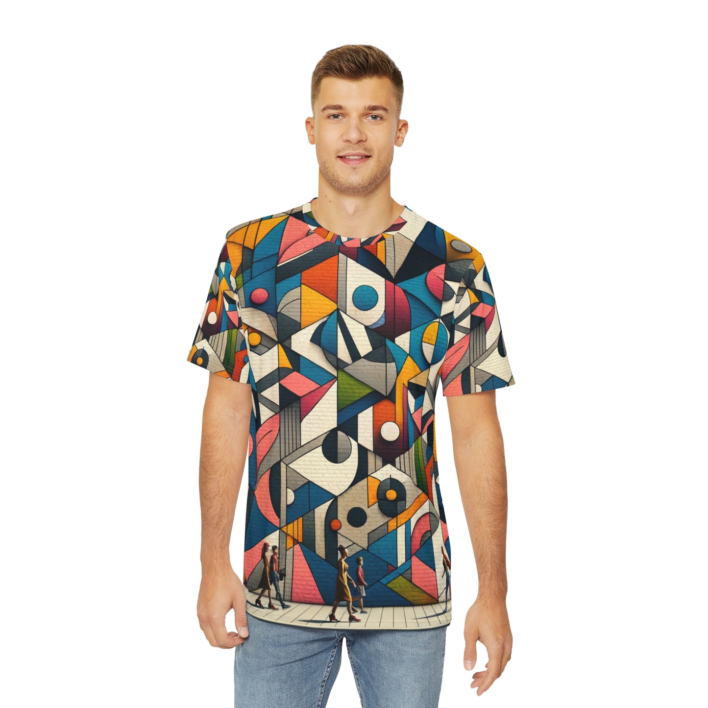 LuckeLadybug artistic abstract graphic t shirt with colorful geometric shapes worn by male model