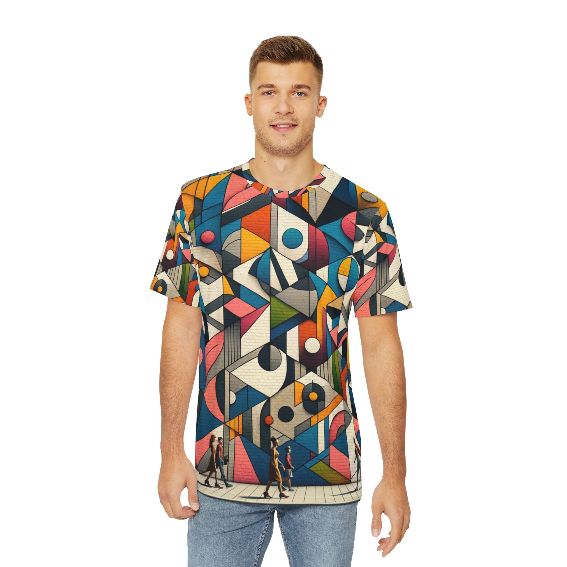 LuckeLadybug artistic abstract graphic t shirt with colorful geometric shapes worn by male model
